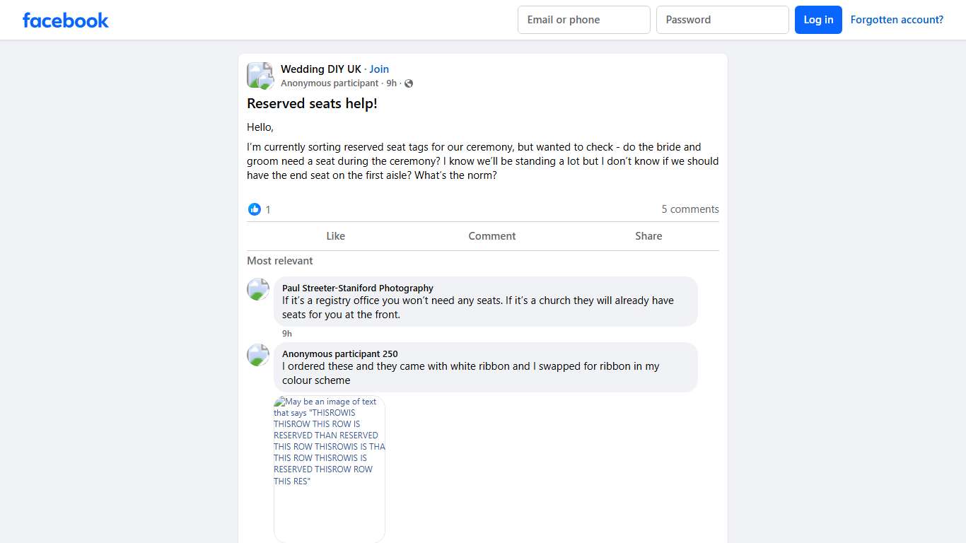 Wedding DIY UK Reserved seats help Facebook