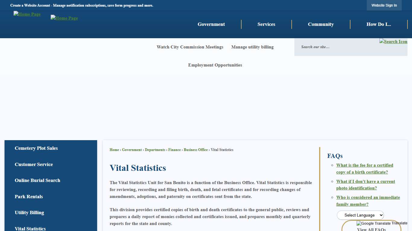 Vital Statistics San Benito, TX - Official Website
